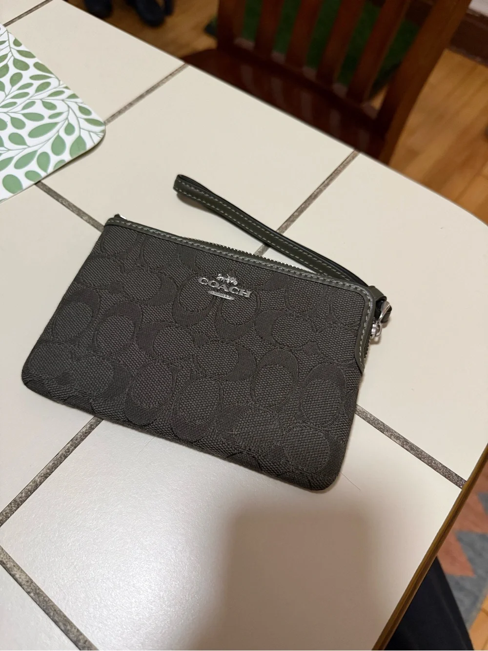 Coach Army Green Signature Jacquard Wristlet Pouch